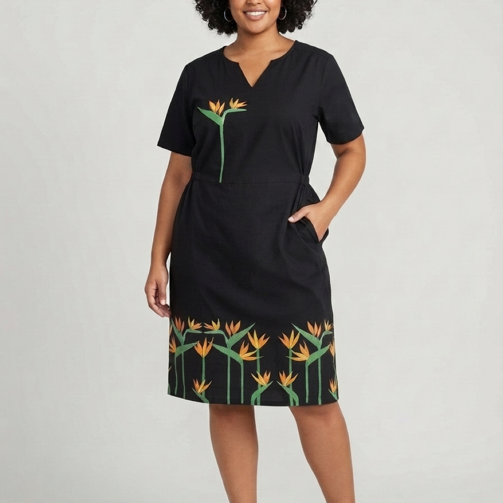 Svaha USA Black Bird of Paradise Midi Dress with Pockets